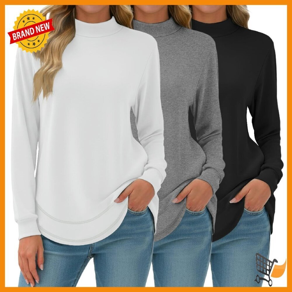3 Pack Women's Mock Neck Sweatshirts Cotton Long Sleeve Tunic Pullover
